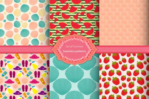 Set of summer seamless patterns with traditional summer symbols for wrappin.. Stock Illustration