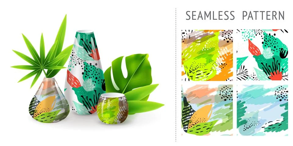 A set of summer seamless unique abstract floral patterns, demonstrated on cer Stock Illustration