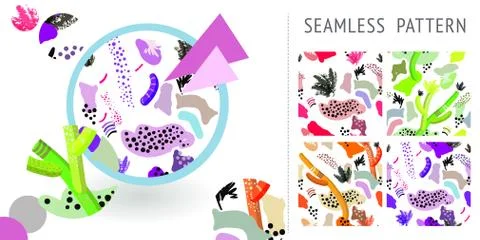 A set of summer seamless unique abstract hand-drawn patterns. Can be used for Stock Illustration