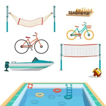 Set of summer sport beach objects. Swimming pool, motor boat, vo Stock Illustration