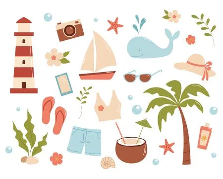 A set of summer things and beach accessories. Cartoon vector illustration. .. Stock Illustration