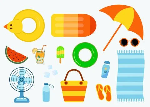 A set of summer things for a beach holiday, sunscreen, life buoy. Stock Illustration