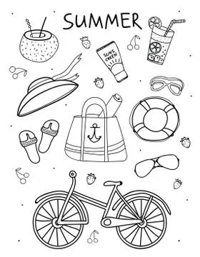 Set of summer things. Elements of a beach holiday in hand drawn style. Stock Illustration