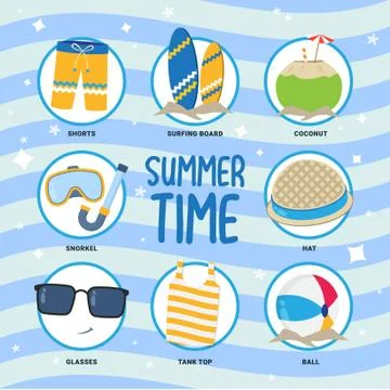 Set of summer time icons vector design with wave background Stock Illustration