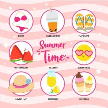Set of summer time icons vector design with wave background Stock Illustration