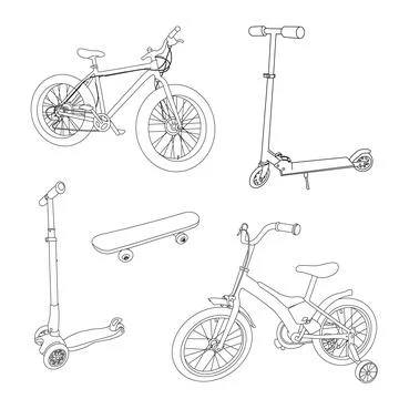 A set of summer transport. Vector illustrations of bicycle, skateboard, scooter. Stock Illustration