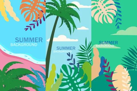 Set summer tropical template backgrounds stories with palms, sky and sunset Stock Illustration