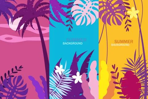 Set summer tropical template backgrounds stories with palms, sky and sunset Stock Illustration