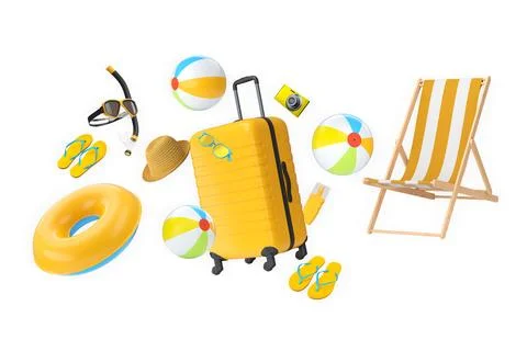 Set of summer vacation items including suitcase, float, flip-flops, and beach Stock Illustration