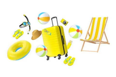 Set of summer vacation items including suitcase, float, flip-flops, and beach Stock Illustration