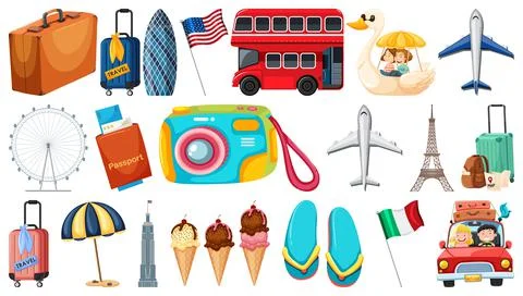 Set of summer vacation objects and elements Stock Illustration