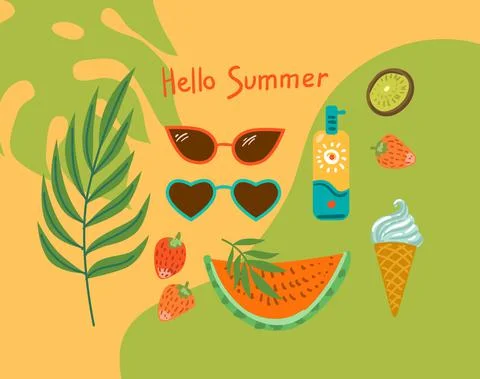 Set of summer vector elements. Beautiful illustration about summer. Stock Illustration