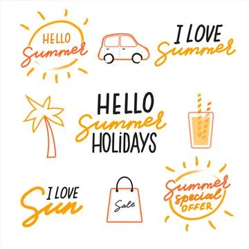 Set with Summer vector handwritten lettering. Yellow and black with calligraphy Stock Illustration