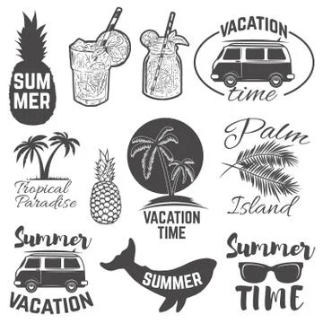 Set of summertime emblems. Palm trees, sunglasses, pineapples,summer cocktail Stock Illustration
