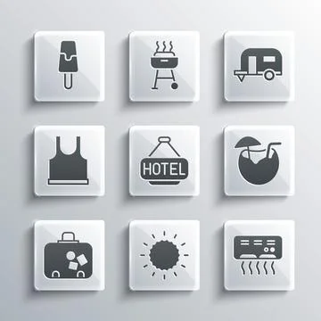 Set Sun, Air conditioner, Coconut cocktail, Signboard with text Hotel, Suitcase Stockillustratie