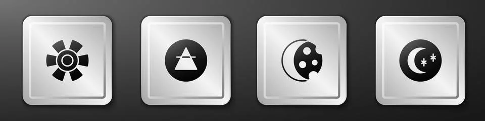 Set Sun, Air element, Eclipse of the sun and Moon and stars icon. Silver square Ilustração Stock