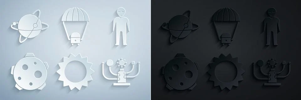 Set Sun, Alien, Planet, Solar system, Space capsule and parachute and Satellites 스톡 일러스트