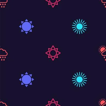 Set Sun, , and Cloud with rain and sun on seamless pattern. Vector Stock Illustration