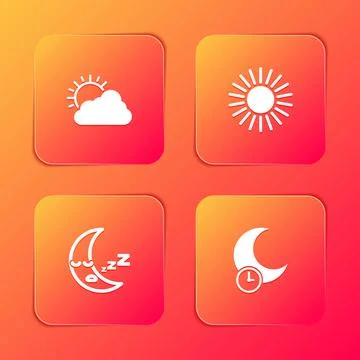 Set Sun and cloud weather, , Moon icon and Sleeping moon icon. Vector Illustrazione stock