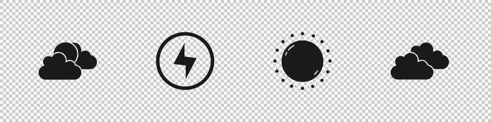 Set Sun and cloud weather, Lightning bolt, and Cloud icon. Vector Stock Illustration