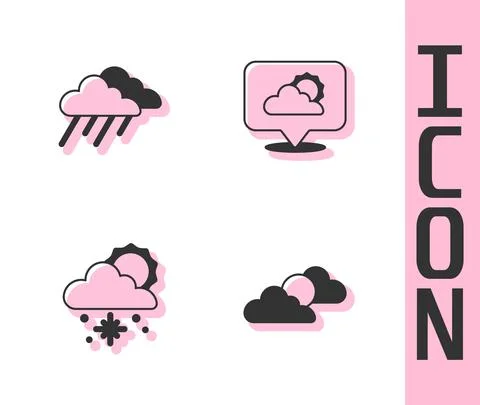 Set Sun and cloud weather, Cloud with rain, snow sun and Location icon. Vector Stock Illustration