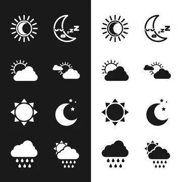 Set Sun and cloud weather, Eclipse of sun, Moon icon, stars, Cloud with rain and Ilustração Stock