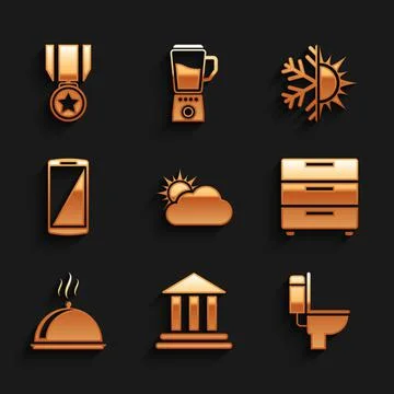 Set Sun and cloud weather, Bank building, Toilet bowl, Furniture nightstand Ilustración de archivo