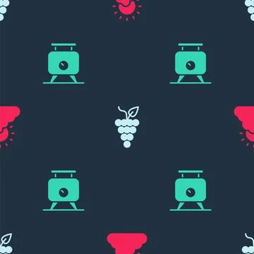 Set Sun and cloud weather, Bunch of grapes and Fermentation on seamless pattern 库存插图