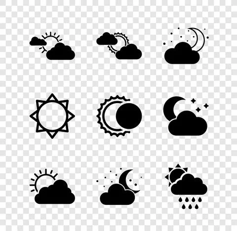 Set Sun and cloud weather, Cloud with moon stars, rain sun, and Eclipse of icon Ilustração Stock