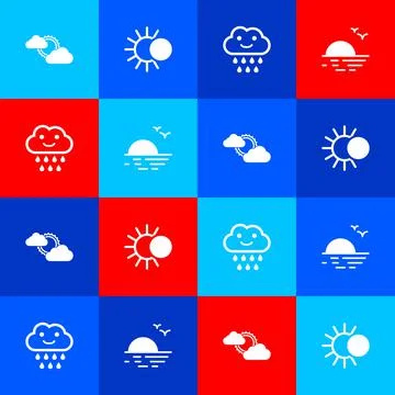 Set Sun and cloud weather, Eclipse of sun, Cloud with rain and Sunset icon Ilustração Stock