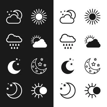 Set Sun and cloud weather, Cloud with rain, moon stars, Moon, Eclipse of sun and Ilustração Stock