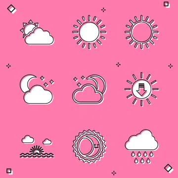 Set Sun and cloud weather, Cloud with moon stars, Sunset, and Eclipse of sun 스톡 일러스트