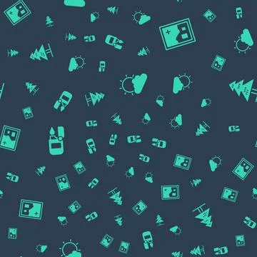 Set Sun and cloud weather, Folded map, Lighter and Tree on seamless pattern イラスト素材