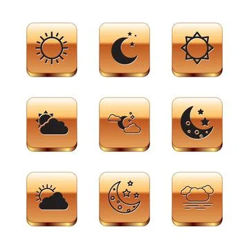 Set Sun, and cloud weather, Moon stars, Cloud with moon, and icon. Vector Stock Illustration