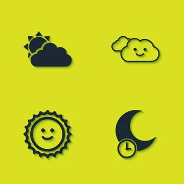 Set Sun and cloud weather, Sleeping moon,  and Cloud icon. Vector Stock Illustration