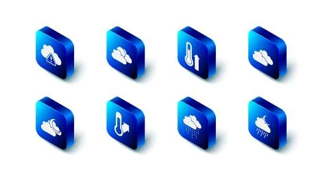 Set Sun and cloud weather, Meteorology thermometer, Cloud, with rain moon, and Ilustração Stock