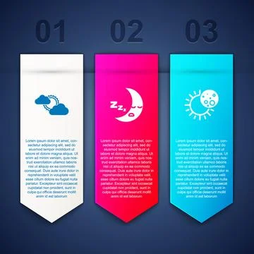 Set Sun and cloud weather, Moon icon and Eclipse of sun. Business infographic Ilustração Stock