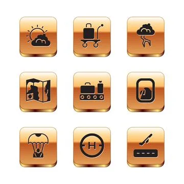 Set Sun and cloud weather, Parachute, Helicopter landing pad, Conveyor belt.. Illustrazione stock