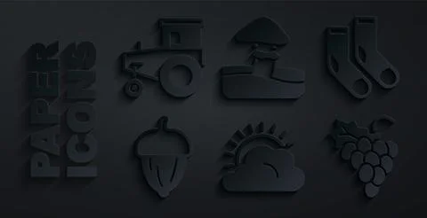 Set Sun and cloud weather, Socks, Acorn, Grape fruit, Mushroom and Tractor .. Stock Illustration