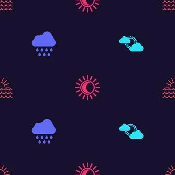 Set Sun and cloud weather, Cloud with rain, Eclipse of sun and Sunset on seam Stockillustratie