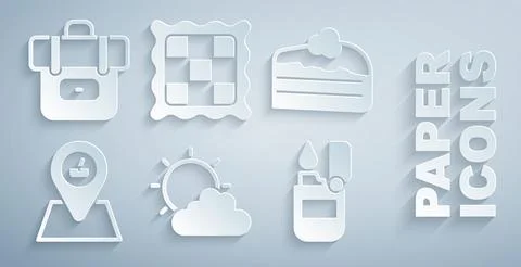 Set Sun and cloud weather, Piece of cake, Picnic location, Lighter, Checker.. Ilustração Stock