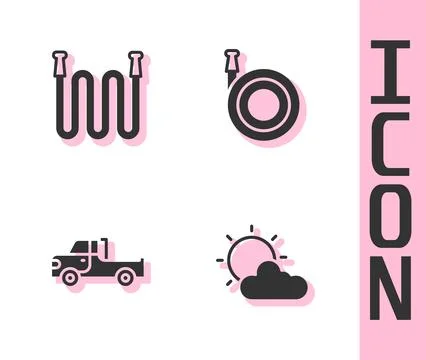 Set Sun and cloud weather, Garden hose, Pickup truck and  icon. Vector Stock Illustration