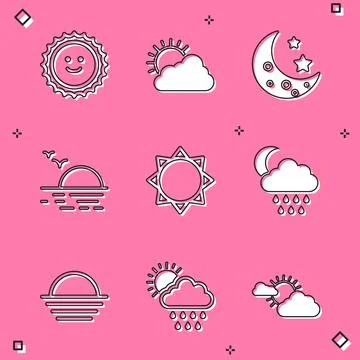 Set Sun, and cloud weather, Moon stars, Sunset, Cloud with rain moon,  and .. Stock Illustration