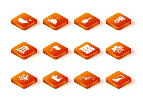 Set Sun and snowflake, Cargo ship, Bank building, Flag, Chain link and Furniture Ilustración de archivo