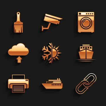 Set Sun and snowflake, Ship, Chain link, , Printer and Cloud upload icon. Vector Stock Illustration