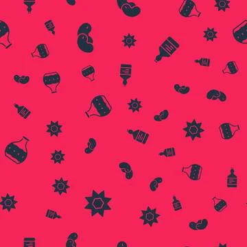 Set Sun, Beans, Tequila bottle and on seamless pattern. Vector 库存插图
