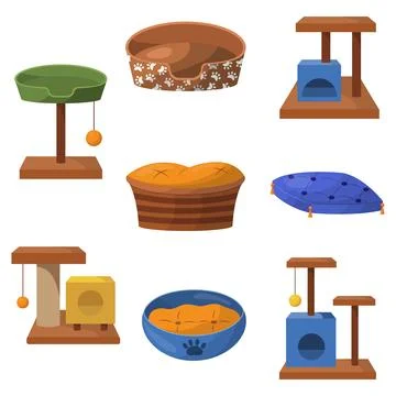 A set of sun beds and scratching posts for animals. Vector illustration Stock Illustration