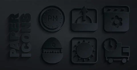 Set Sun, Calendar spring, Kitchen timer, Delivery truck and, Sunrise and Day Illustrazione stock
