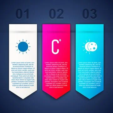 Set Sun, Celsius and Eclipse of the sun. Business infographic template. Vector Illustrazione stock