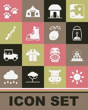Set Sun, Chichen Itza in Mayan, Camping lantern, African hut, Hunter boots Stock Illustration